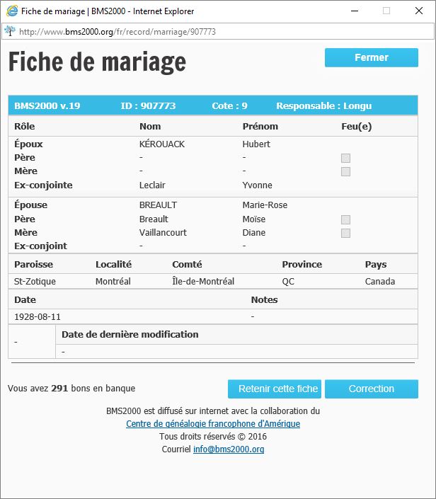 Fiche de mariage de la base de données BMS2000
