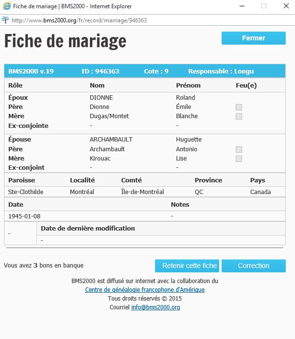 Fiche de mariage de la base de données BMS2000