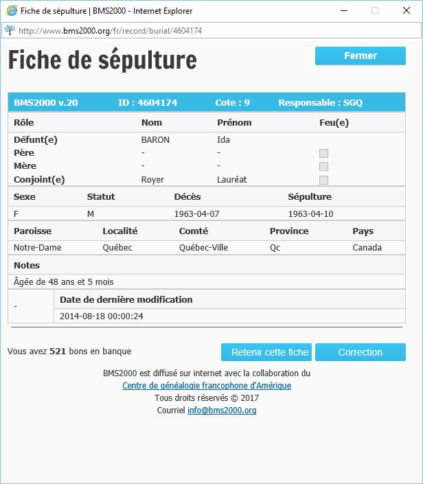 Fiche de sépulture de la base de données BMS2000