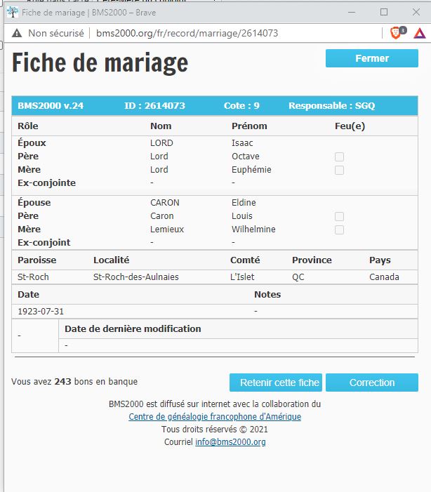 Fiche de mariage de la base de données BMS2000