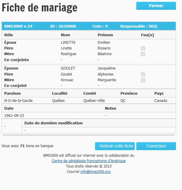 Fiche de mariage de la base de données BMS2000