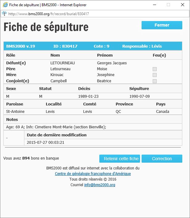 Fiche de sépulture de la base de données BMS2000