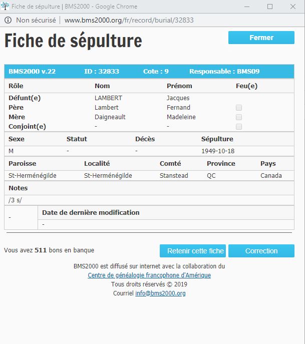 Fiche de sépulture de la base de données BMS2000