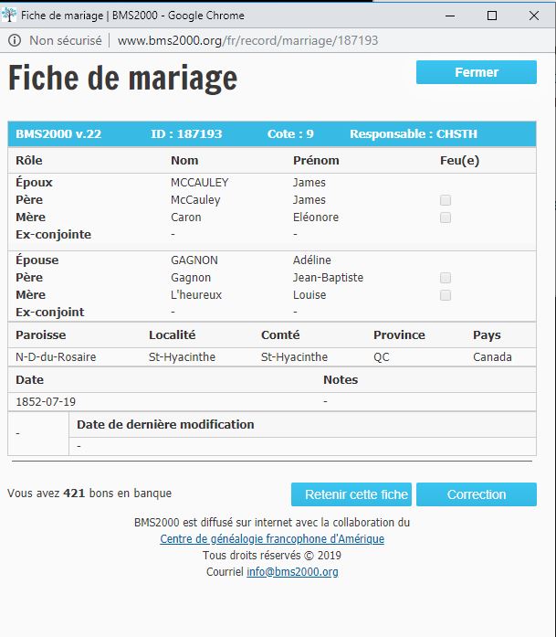 Fiche de mariage de la base de données BMS2000 Fiche de mariage de la base de données BMS2000