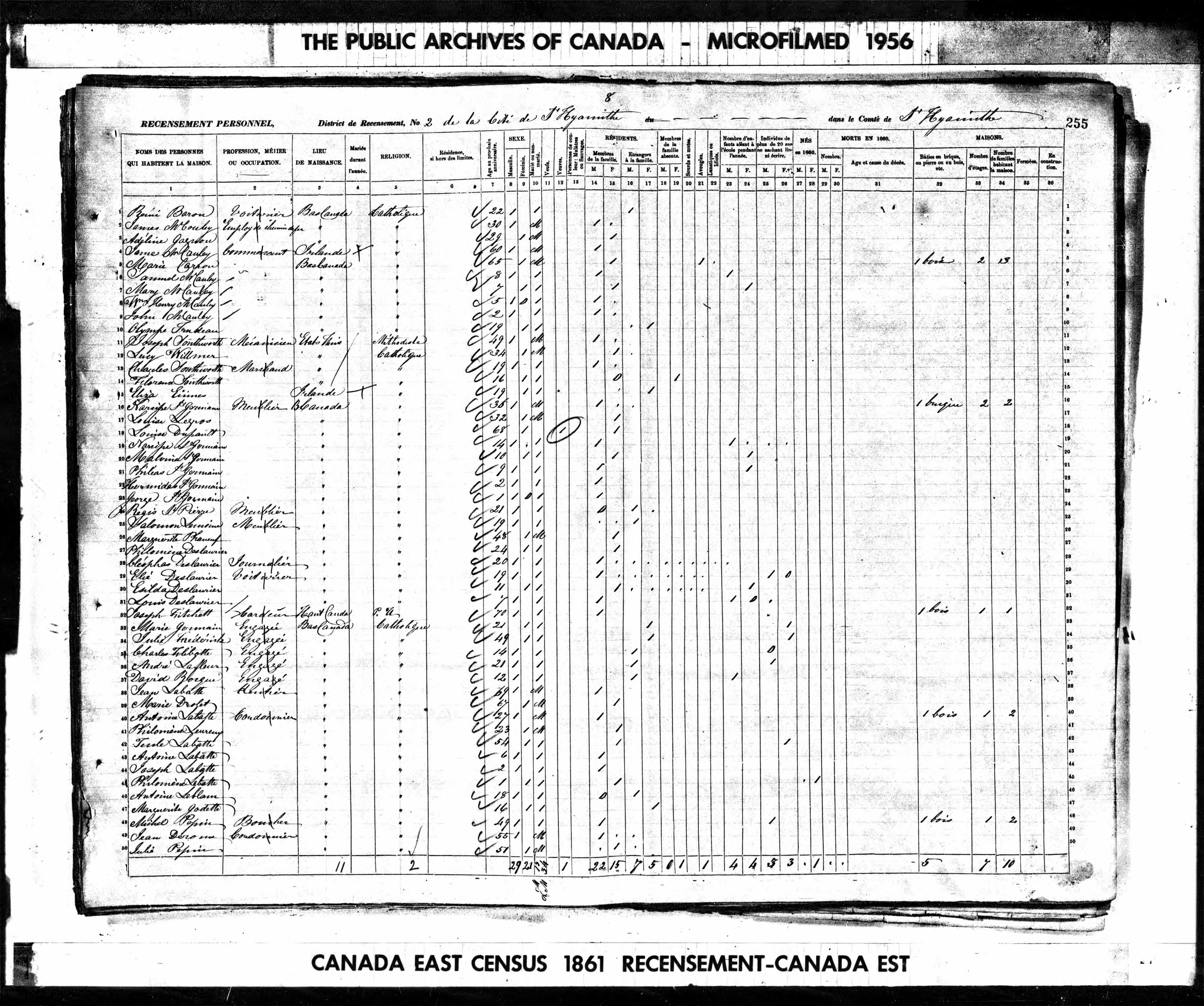 Recensement canadien 1861 Recensement canadien 1861