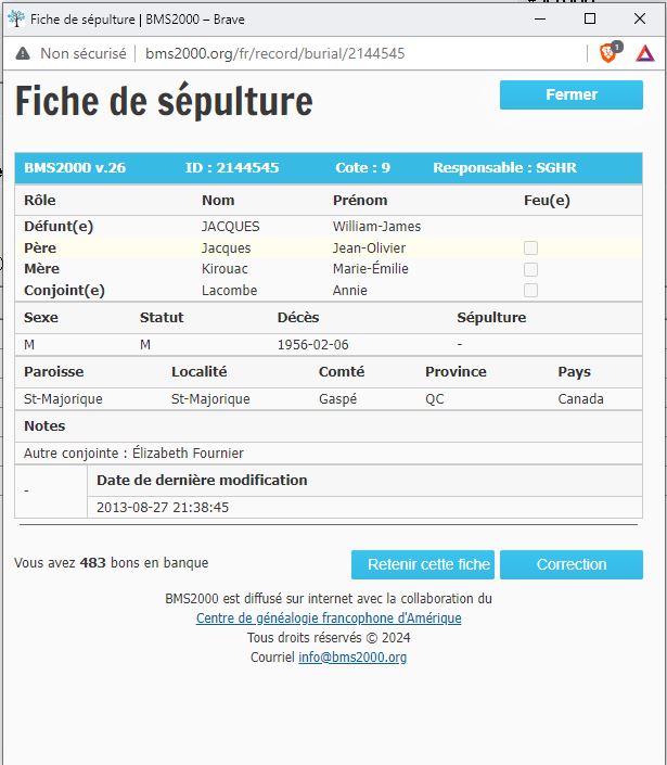 Fiche de sépulture de la base de données BMS2000