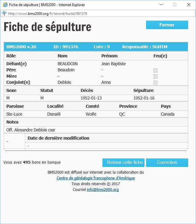 Fiche de sépulture de la base de données BMS2000