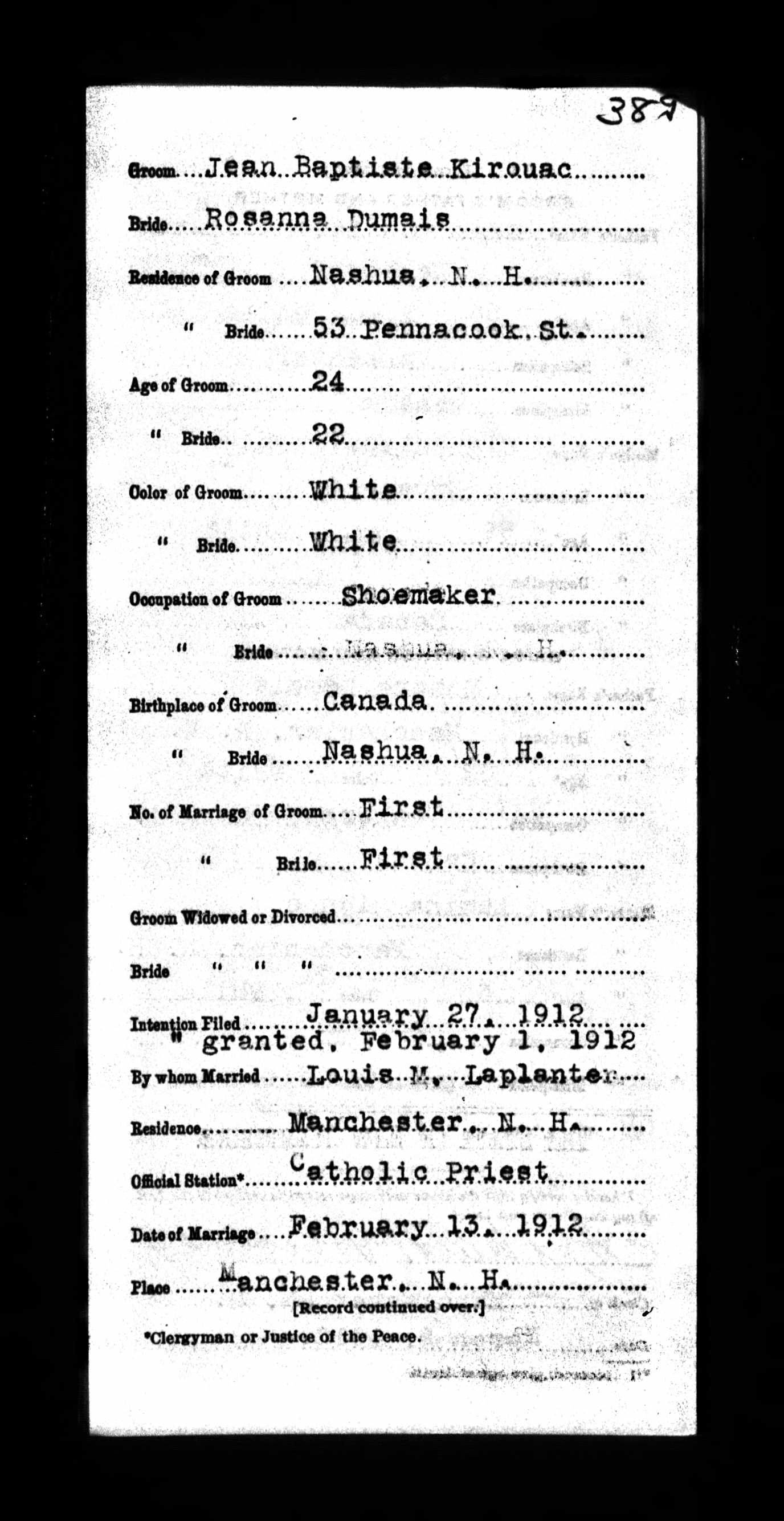 Enregistrement du mariage, recto