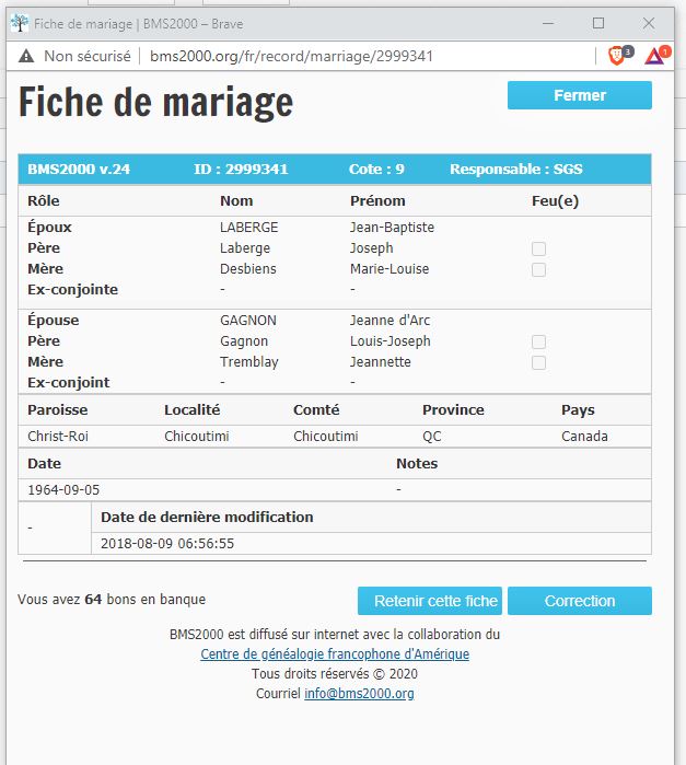 Fiche de mariage de la base de données BMS2000 Fiche de mariage de la base de données BMS2000
