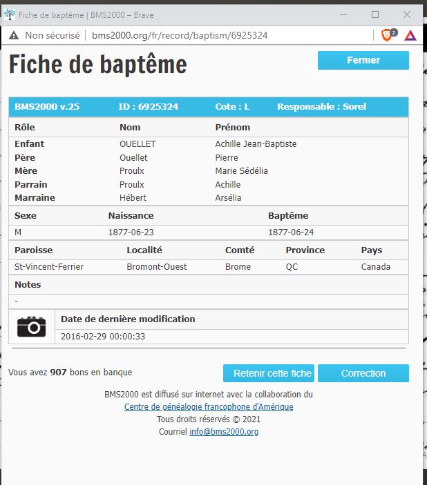 Fiche de baptême de la base de données BMS2000