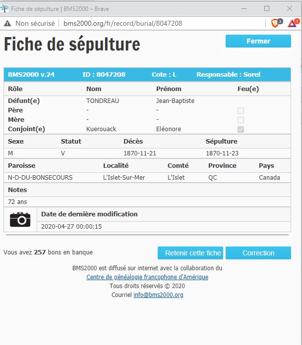 Fiche de sépulture de la base de données BMS2000 Fiche de sépulture de la base de données BMS2000
