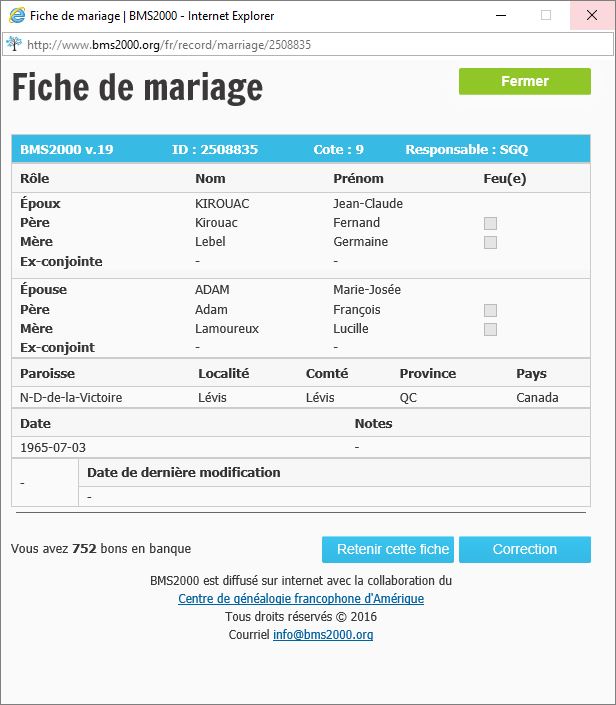Fiche de mariage de la base de données BMS2000