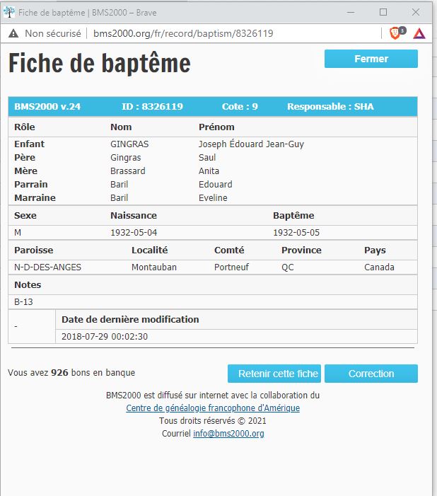 Fiche de baptême de la base de données BMS2000 Fiche de baptême de la base de données BMS2000