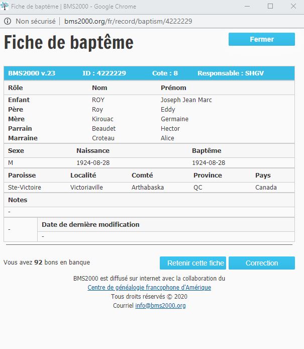 Fiche de baptême de la base de données BMS2000