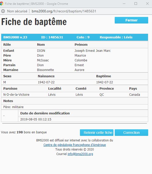 Fiche de baptême de la base de données BMS2000