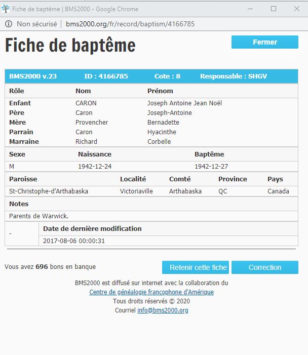 Fiche de baptême de la base de données BMS2000