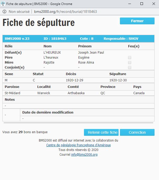 Fiche de sépulture de la base de données BMS2000