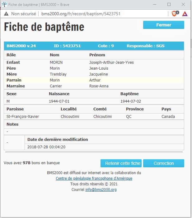 Fiche de baptême de la base de données BMS2000