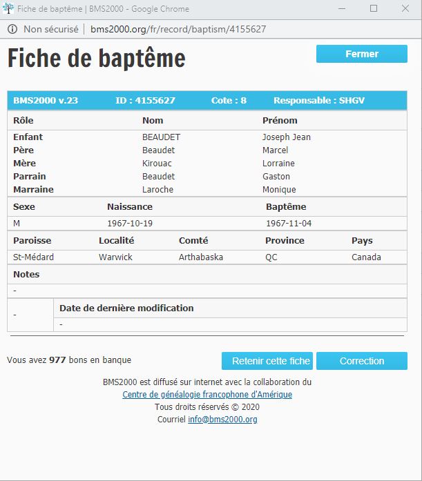 Fiche de baptême de la base de données BMS2000