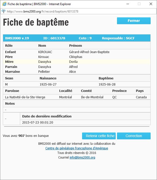 Fiche de baptême de la base de données BMS2000