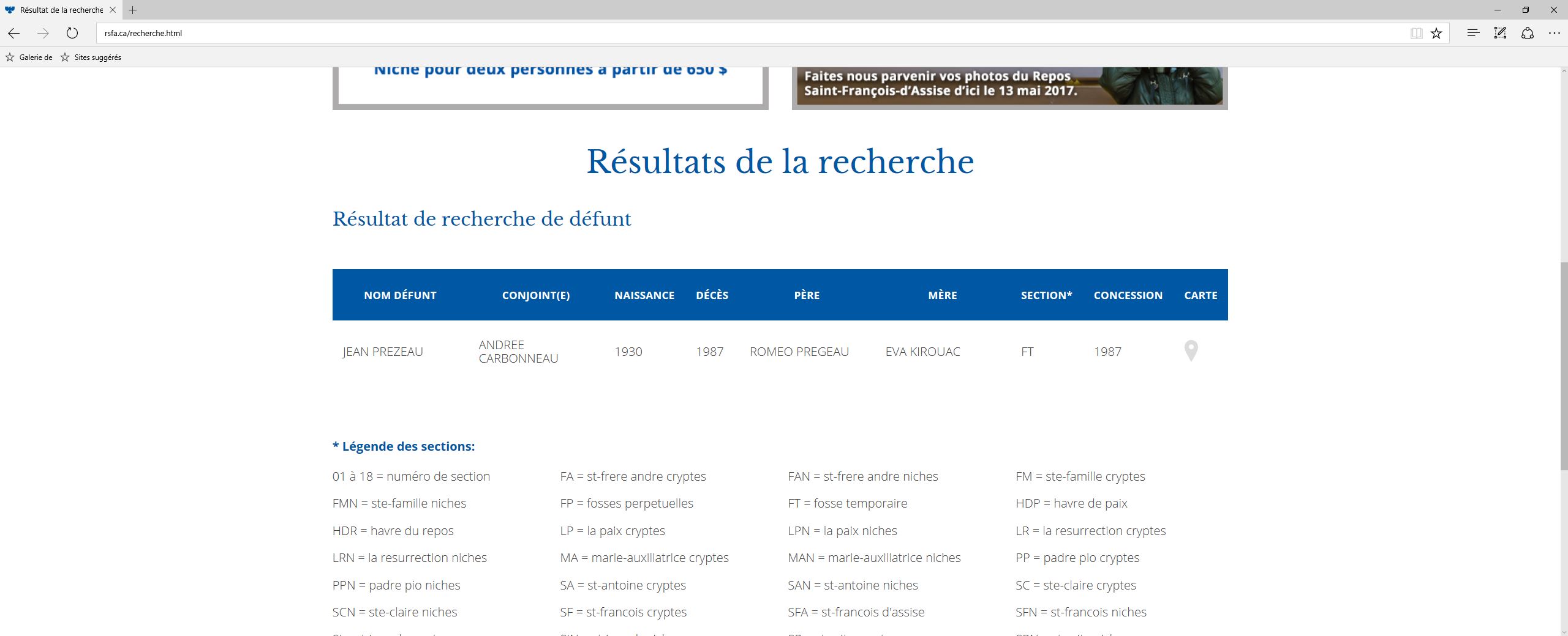 Mention du lieu de sépulture