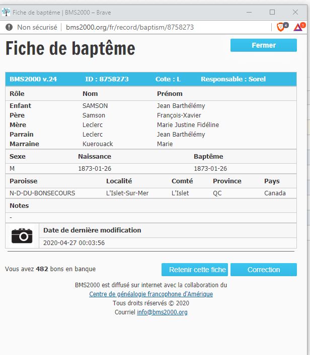 Fiche de baptême de la base de données BMS2000