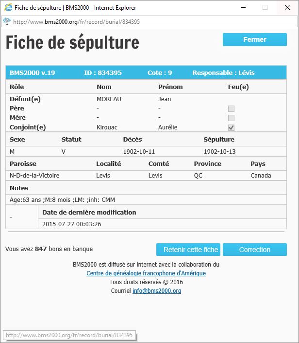 Fiche de sépulture de la base de données BMS2000