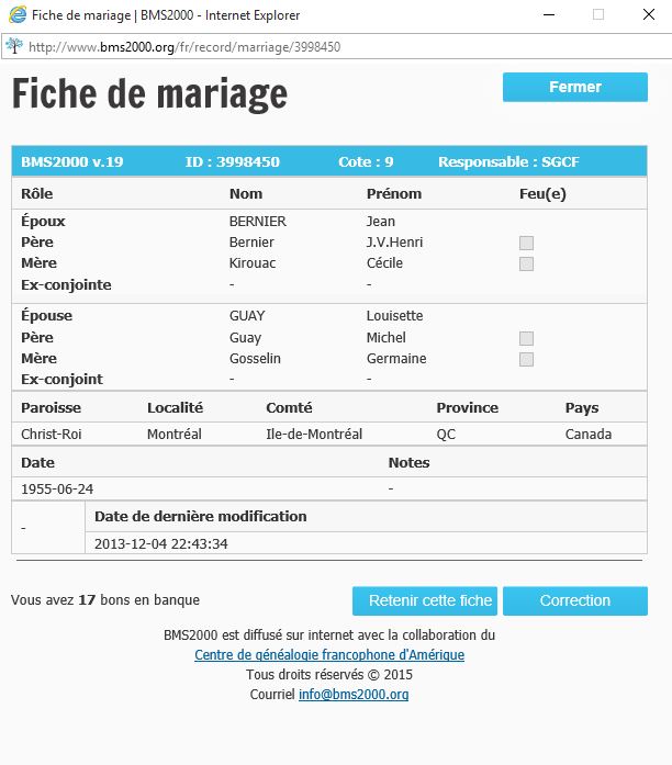 Fiche de mariage de la base de données BMS2000