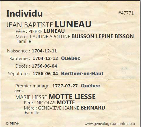 Fiche individuelle du PRDH Fiche individuelle du PRDH