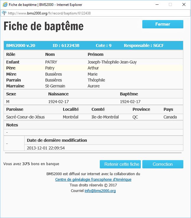 Fiche de baptême de la base de données BMS2000