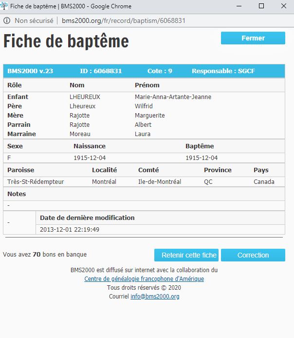 Fiche de baptême de la base de données BMS2000