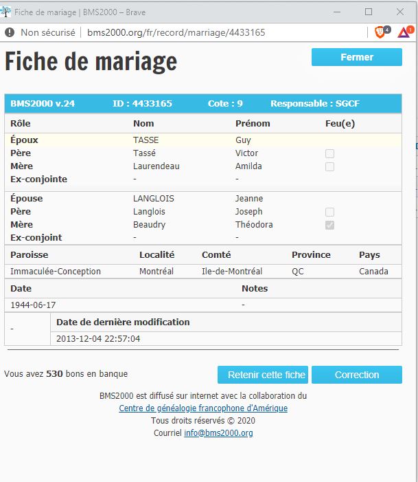 Fiche de mariage de la base de données BMS2000