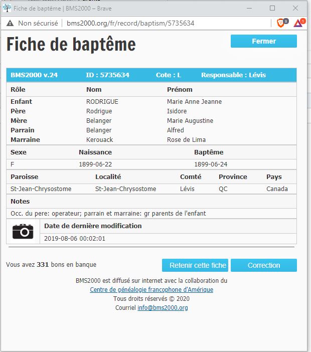Fiche de baptême de la base de données BMS2000