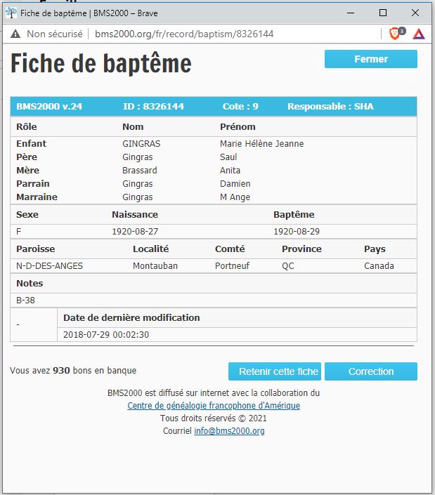 Fiche de baptême de la base de données BMS2000