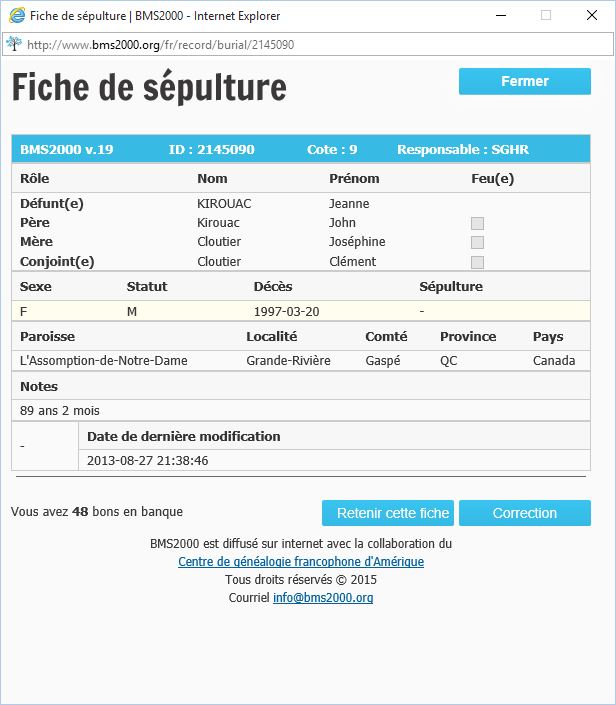 Fiche de sépulture de la base de données BMS2000