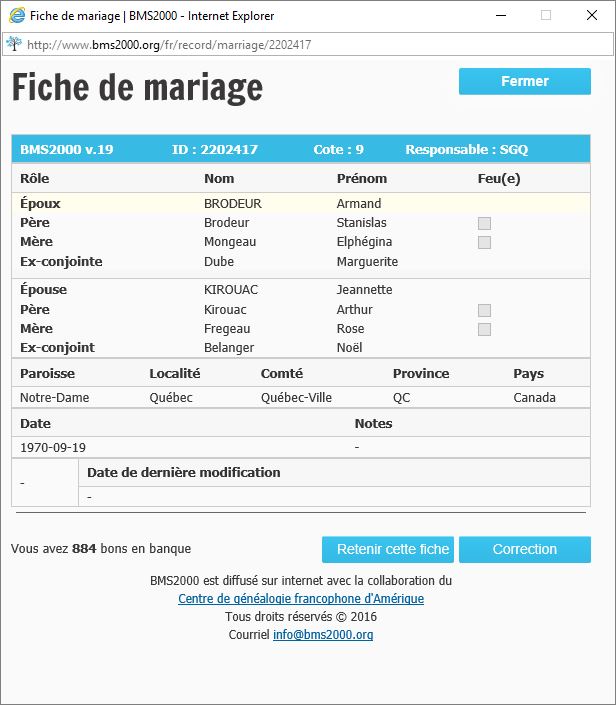 Fiche de mariage en secondes noces de la base de données BMS2000