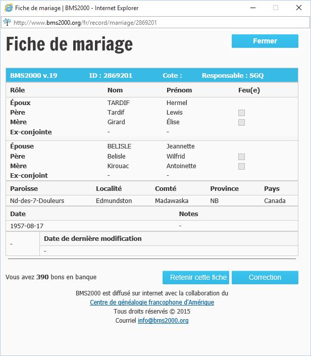 Fiche de mariage de la base de données BMS2000