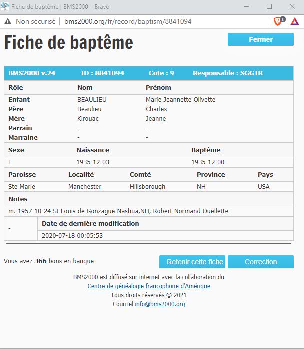 Fiche de baptême de la base de données BMS2000