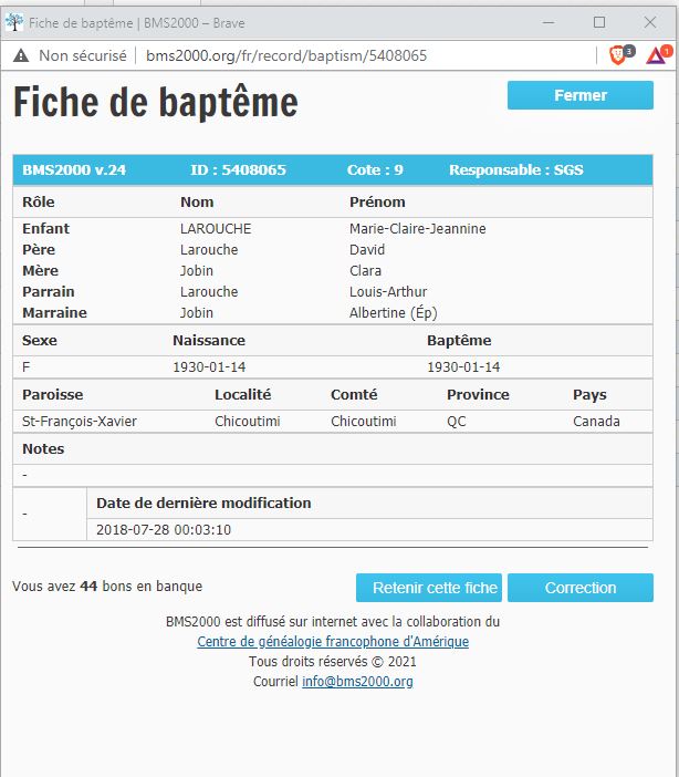 Fiche de baptême de la base de données BMS2000 Fiche de baptême de la base de données BMS2000