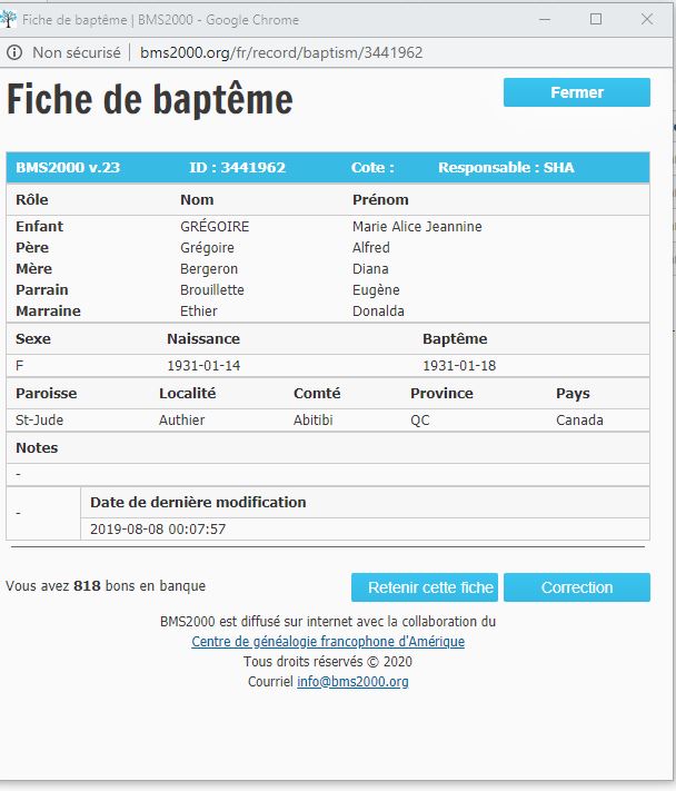 Fiche de baptême de la base de données BMS2000 Fiche de baptême de la base de données BMS2000