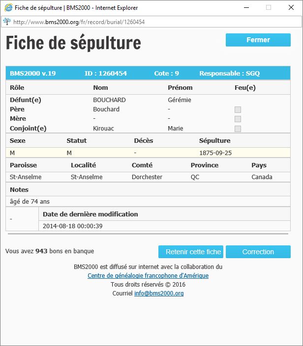 Fiche de sépulture de la base de données BMS2000