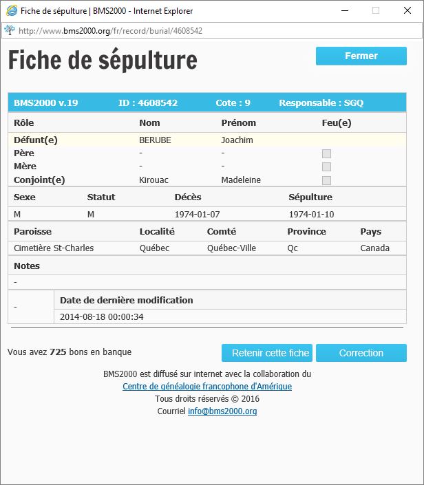 Fiche de sépulture de la base de données BMS2000