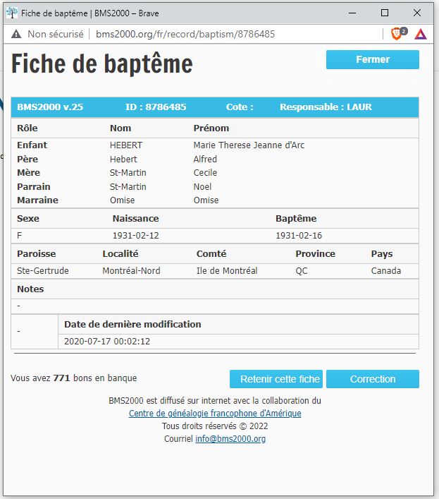 Fiche de baptême de la base de données BMS2000