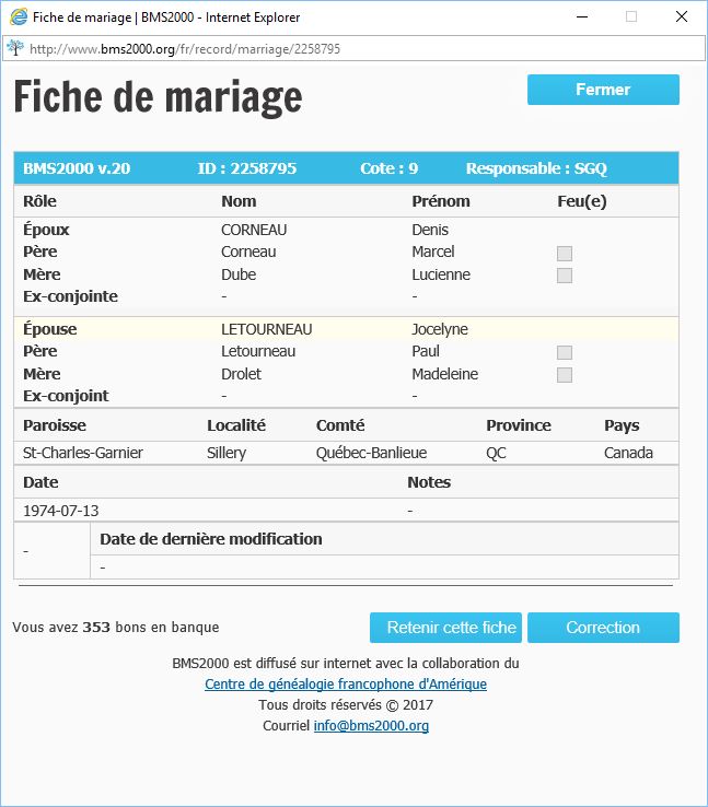 Fiche de mariage de la base de données BMS2000