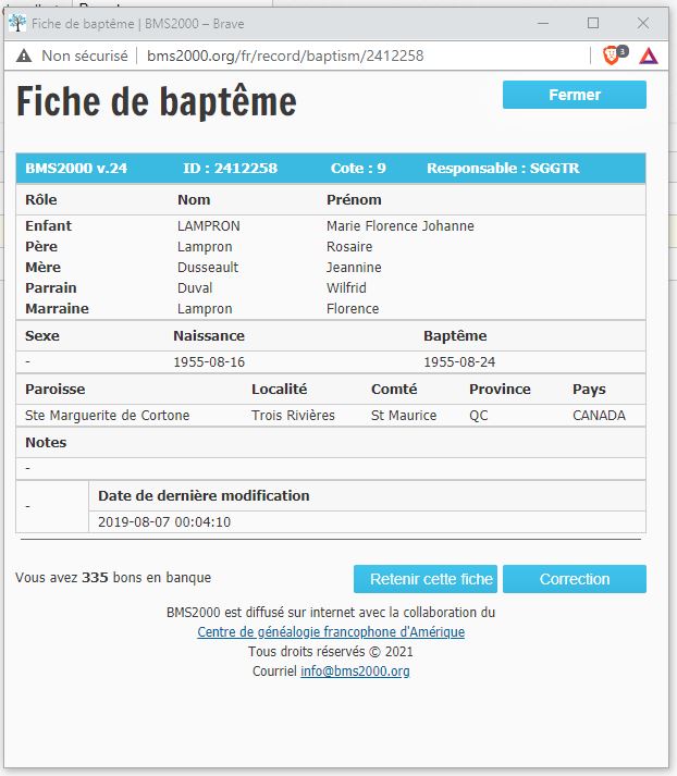 Fiche de baptême de la base de données BMS2000