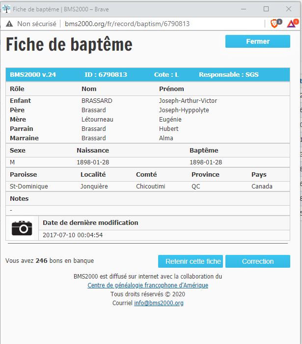 Fiche de baptême de la base de données BMS2000