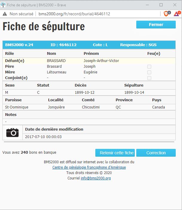 Fiche de sépulture de la base de données BMS2000