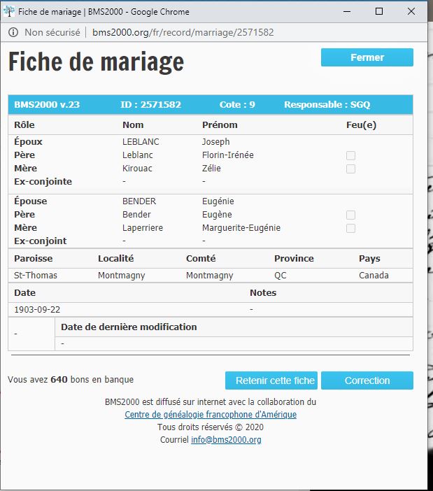 Fiche de mariage de la base de données BMS2000