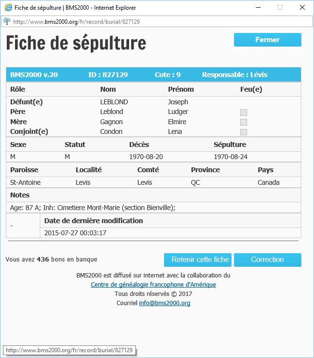 Fiche de sépulture de la base de données BMS2000