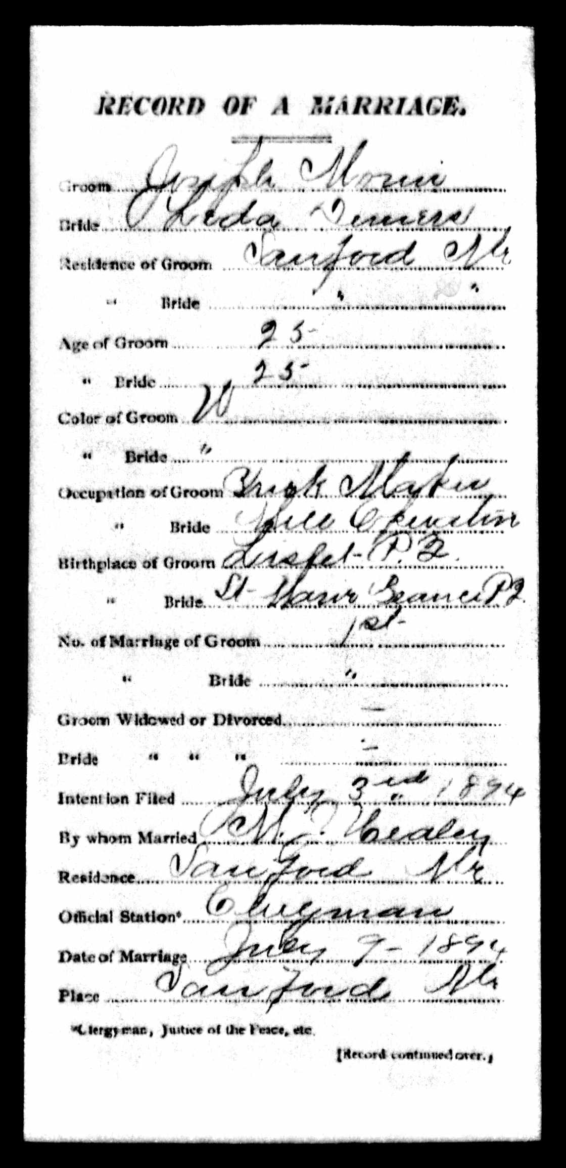 Enregistrement du mariage, recto